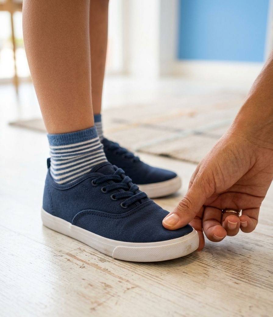 Adulto comprobando con el pulgar el espacio para los dedos en la zapatilla de un niño