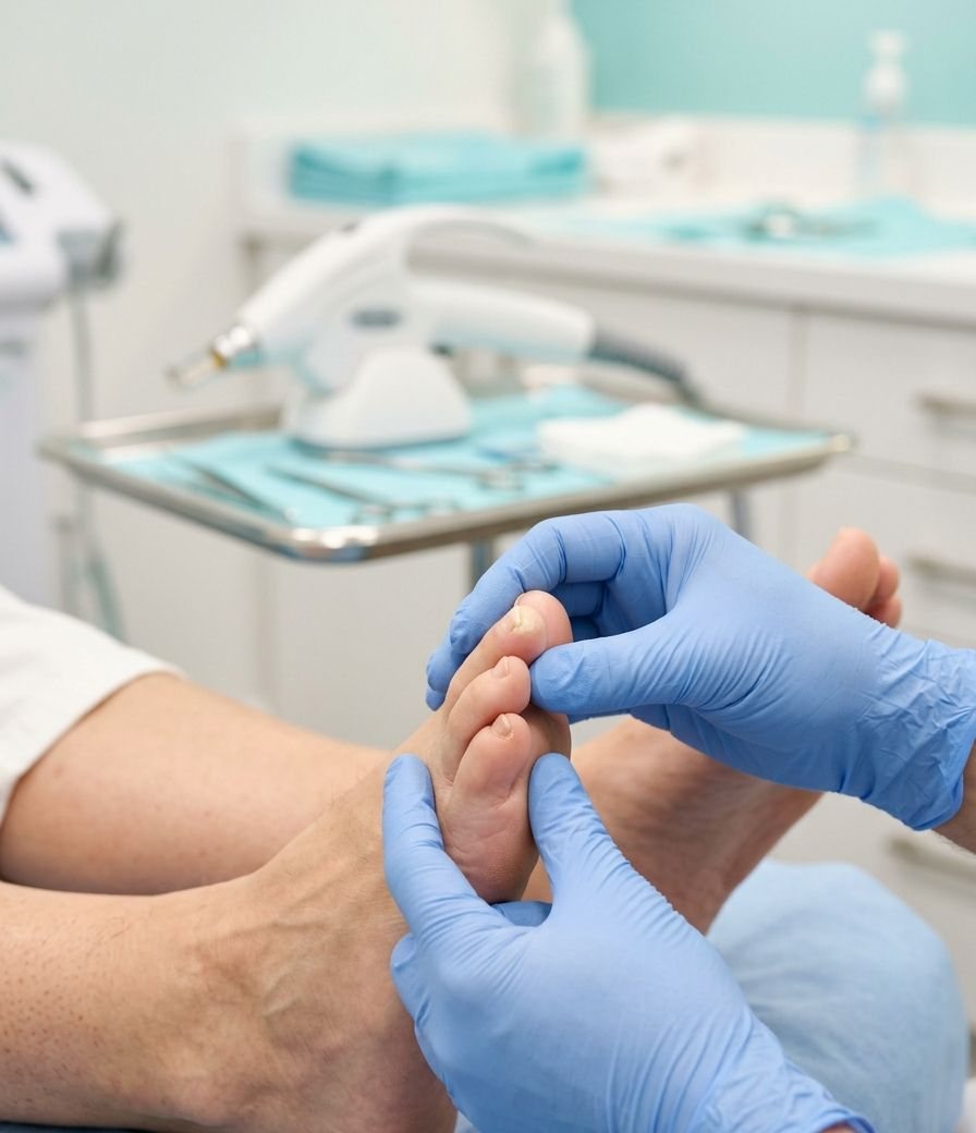 Podólogo revisando la uña del dedo gordo antes de decidir el tratamiento, con el láser al fondo
