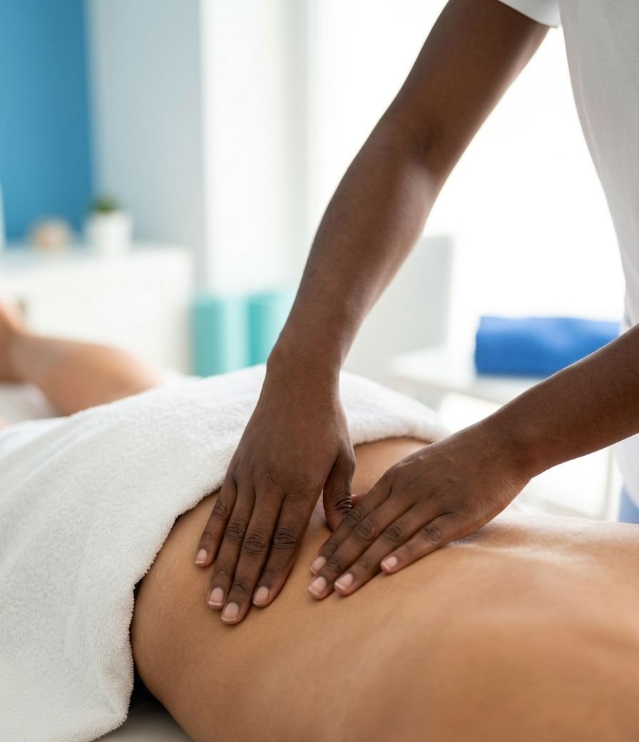 Manos de la fisioterapeuta tratando la zona lumbar de un paciente tumbado boca abajo