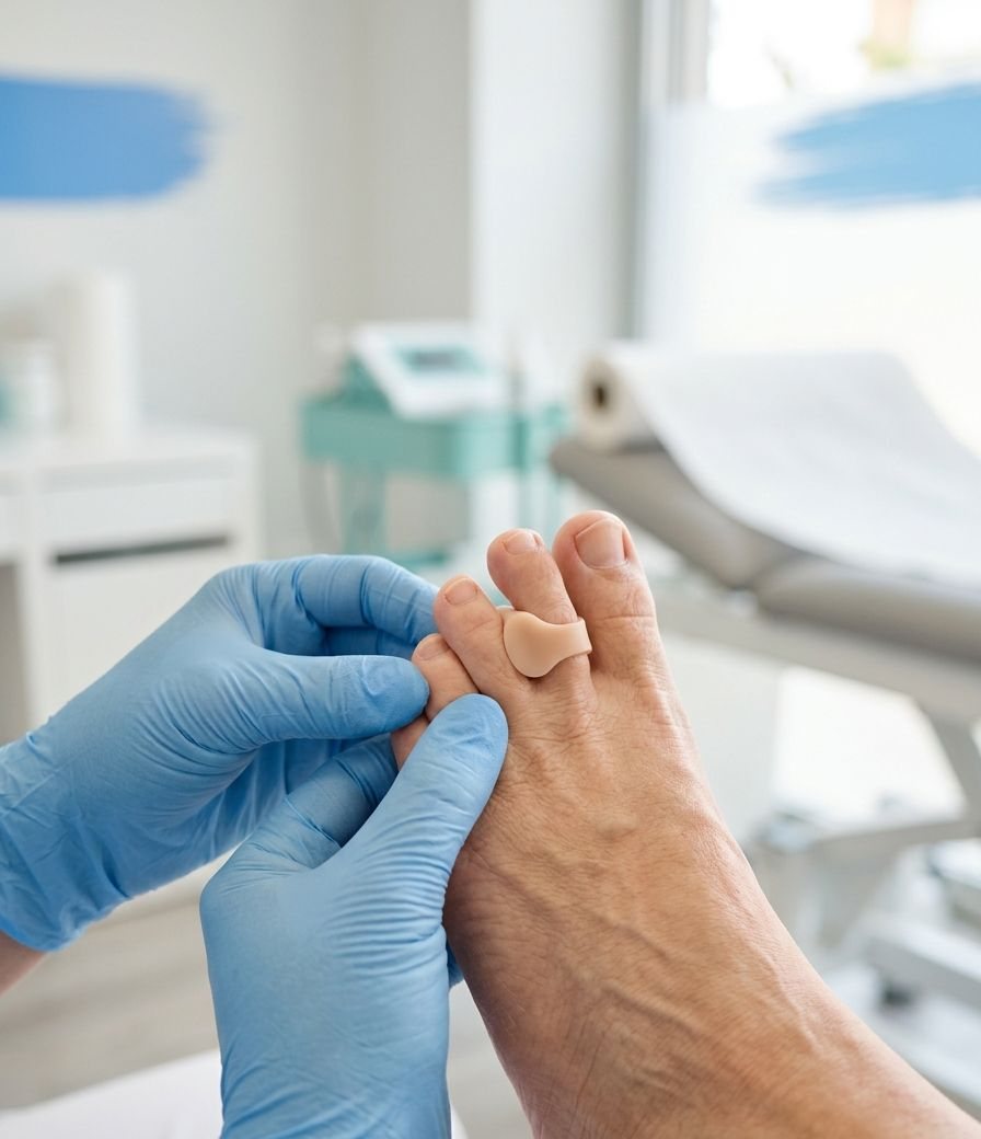 Podólogo colocando una ortesis de silicona a medida entre los dedos del pie