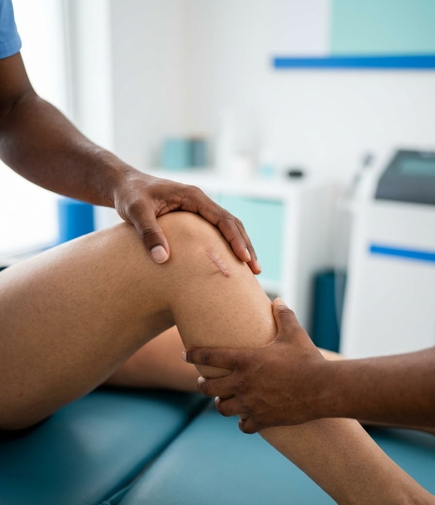 Fisioterapeuta flexionando con cuidado una rodilla operada con una cicatriz ya curada