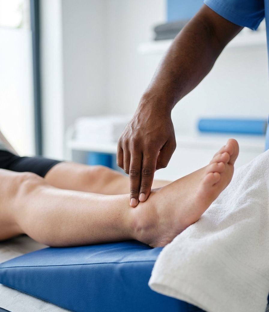Piernas elevadas sobre una cuña mientras la fisioterapeuta comprueba la hinchazón del tobillo