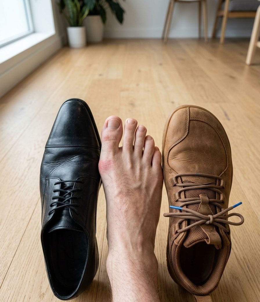 Pie descalzo entre un zapato estrecho y otro con la puntera ancha