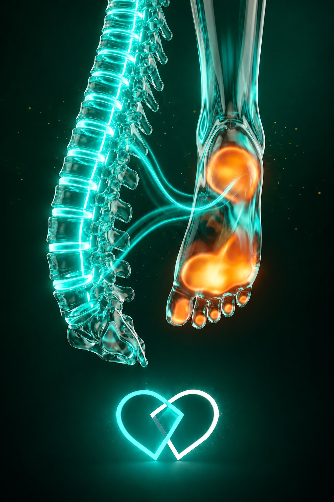 Columna vertebral y pie conectados, representando la relación entre fisioterapia y podología