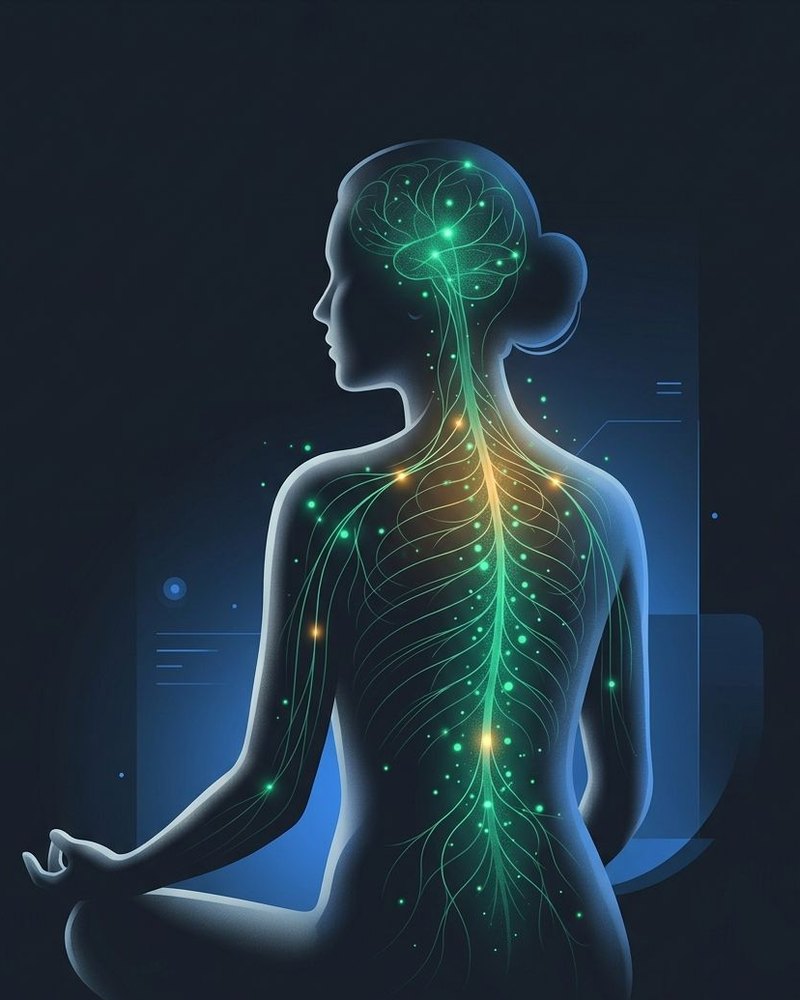 Ilustración de una persona sentada en calma con el cerebro, la médula espinal y los nervios iluminados, representando el sistema nervioso autónomo