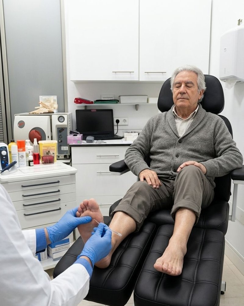 Podólogo comprobando la sensibilidad del pie de un paciente mayor con un monofilamento
