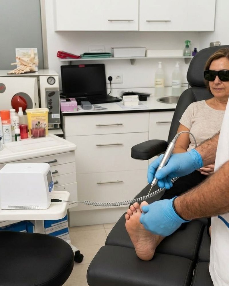 Paciente con gafas de protección mientras el podólogo aplica el láser en la uña del pie