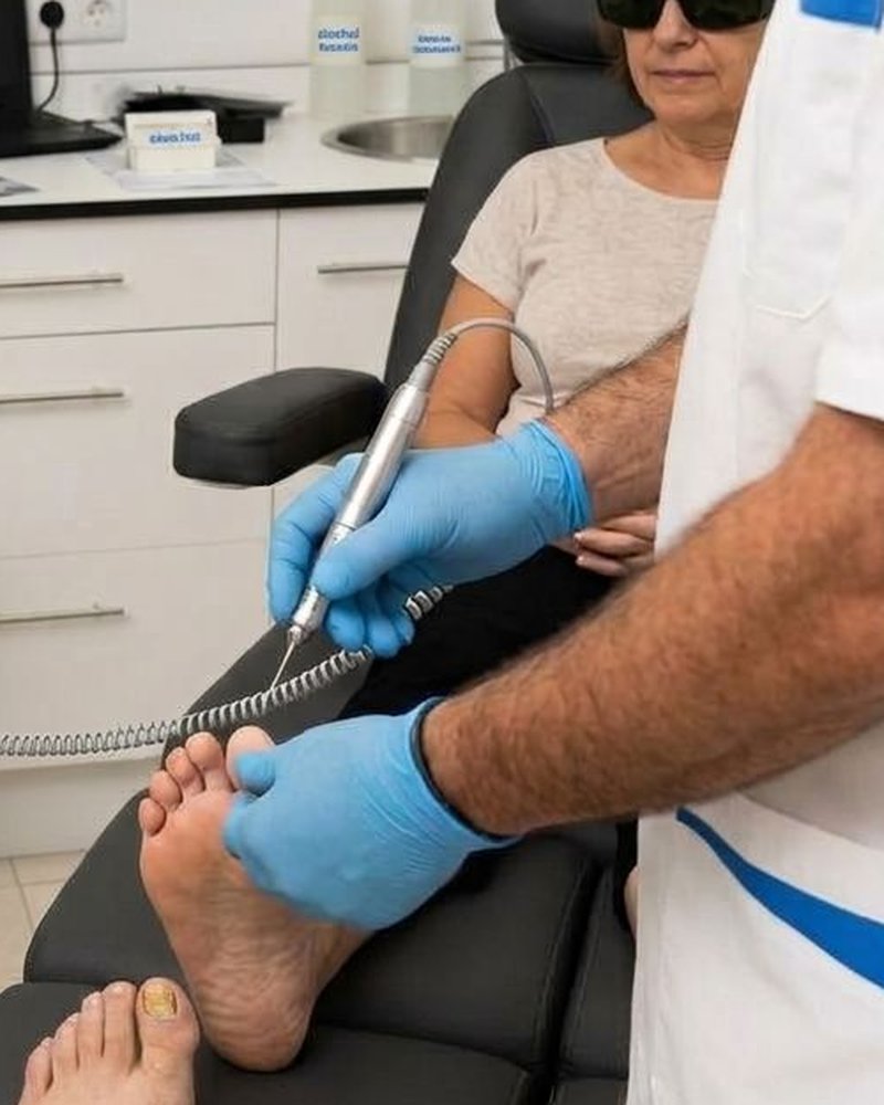 Podólogo aplicando el láser con la pieza de mano sobre el pie de una paciente con gafas de protección