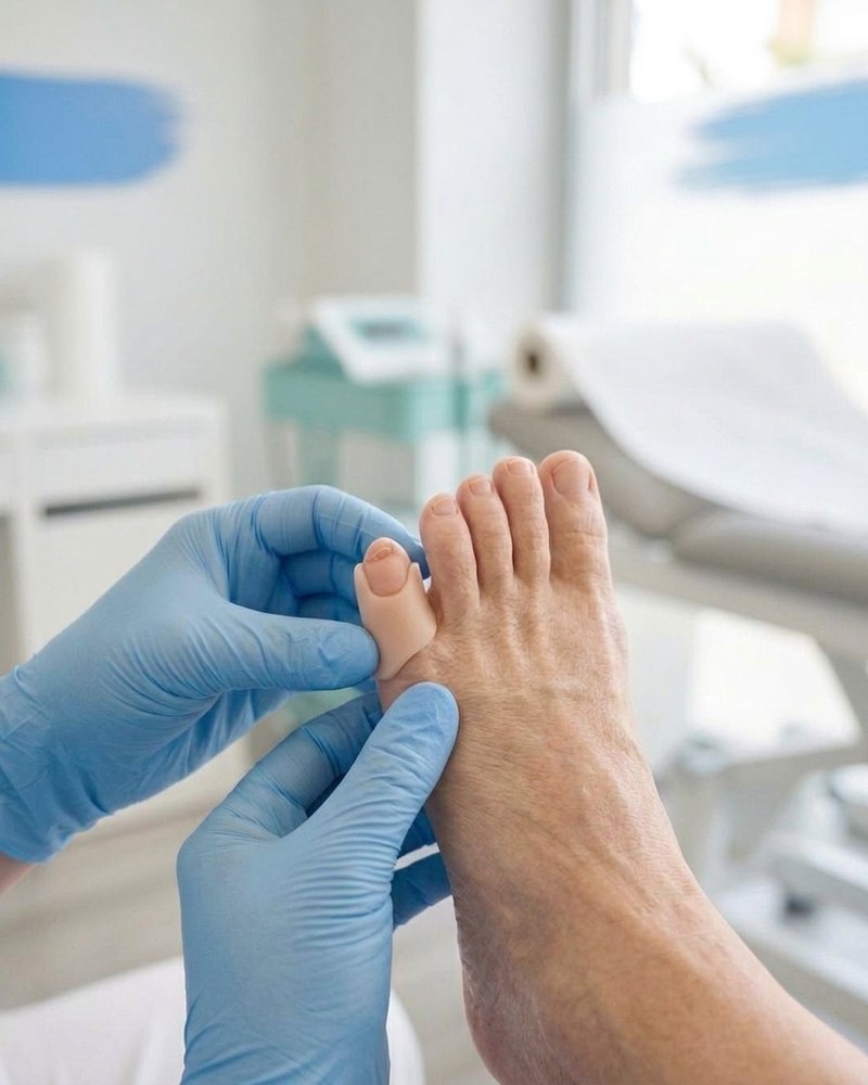 Manos con guantes ajustando una ortesis de silicona color carne hecha a medida en el quinto dedo del pie