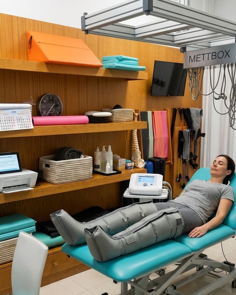 Paciente tumbada en la camilla con las botas de presoterapia puestas en la sala de fisioterapia