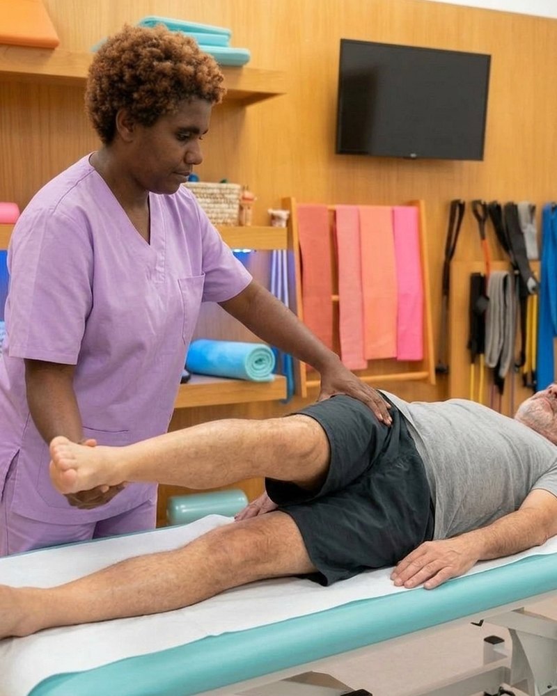La fisioterapeuta mueve la pierna de un paciente tumbado para recuperar la movilidad de la cadera tras una lesión